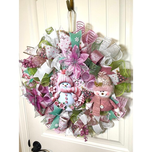 Handmade Pink Winter Snowman Holiday Ribbon Door Wreath 22 ins W81 - Picture 2 of 11